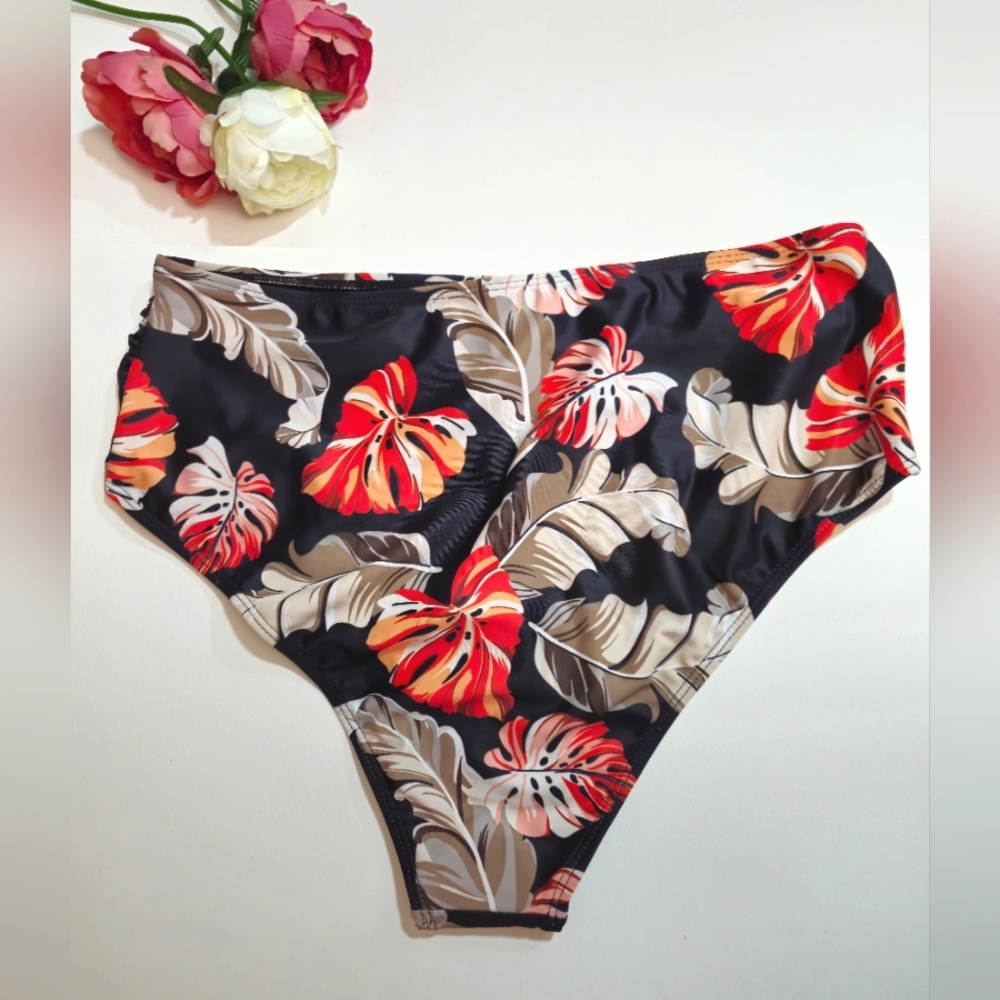 Tropical Floral Bikini Bottom. Women's Flowered Black Bathing Suit Bikini.